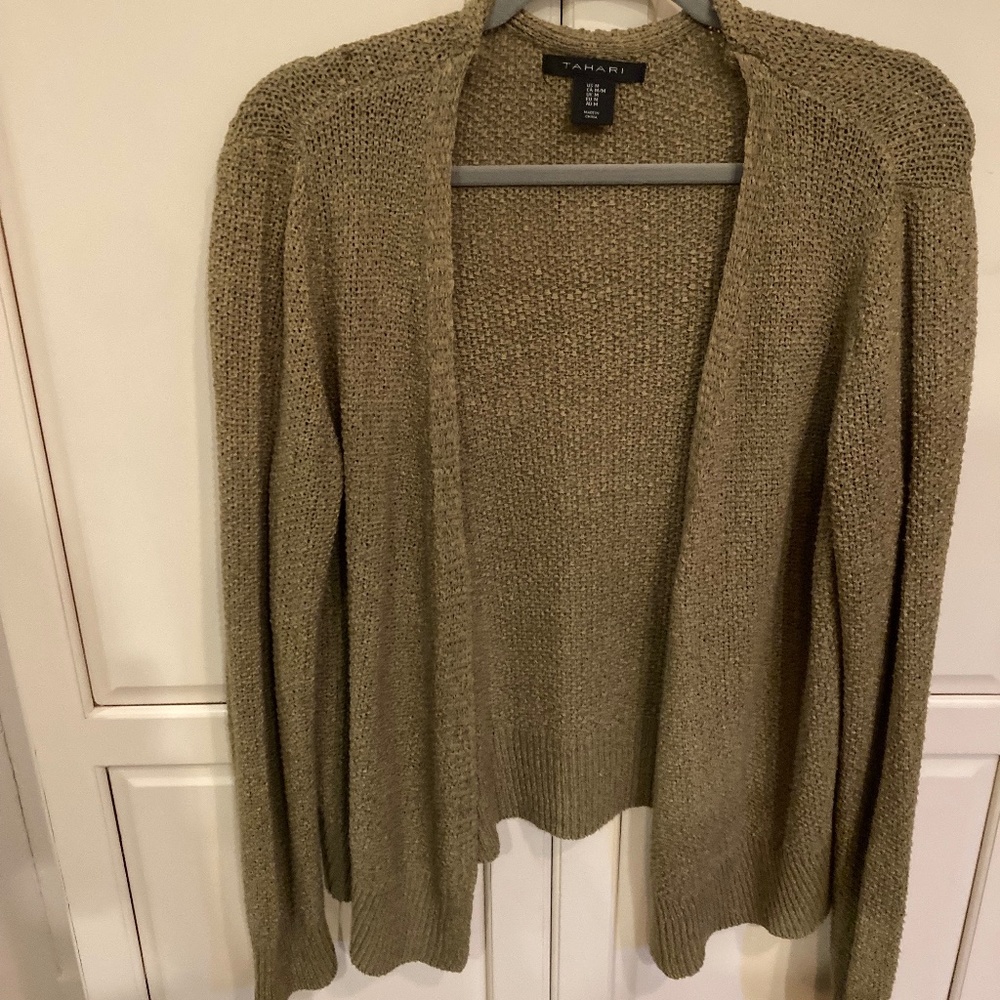 Tahari Open Front Olive Loose Weave Sweater, Size M